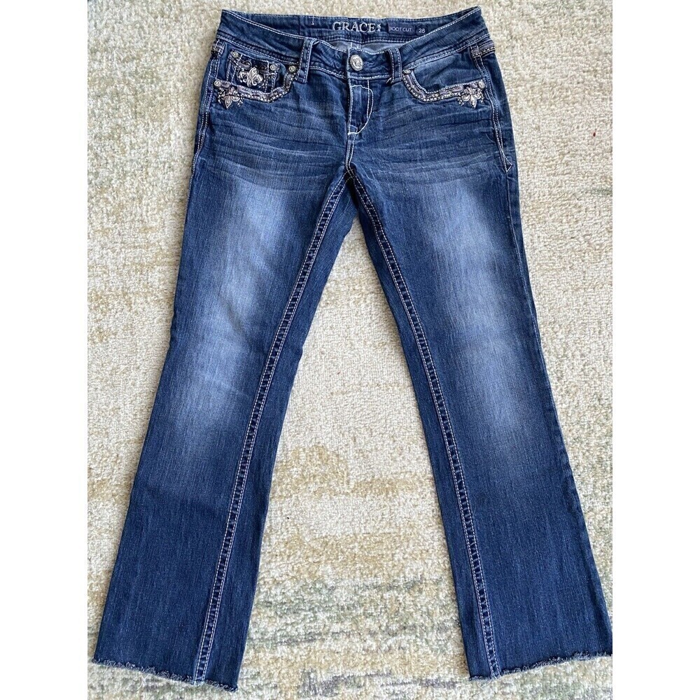 Grace in LA Jeans Women's 28 Blue Embellished Embroidered Denim Boot Cut Jeans